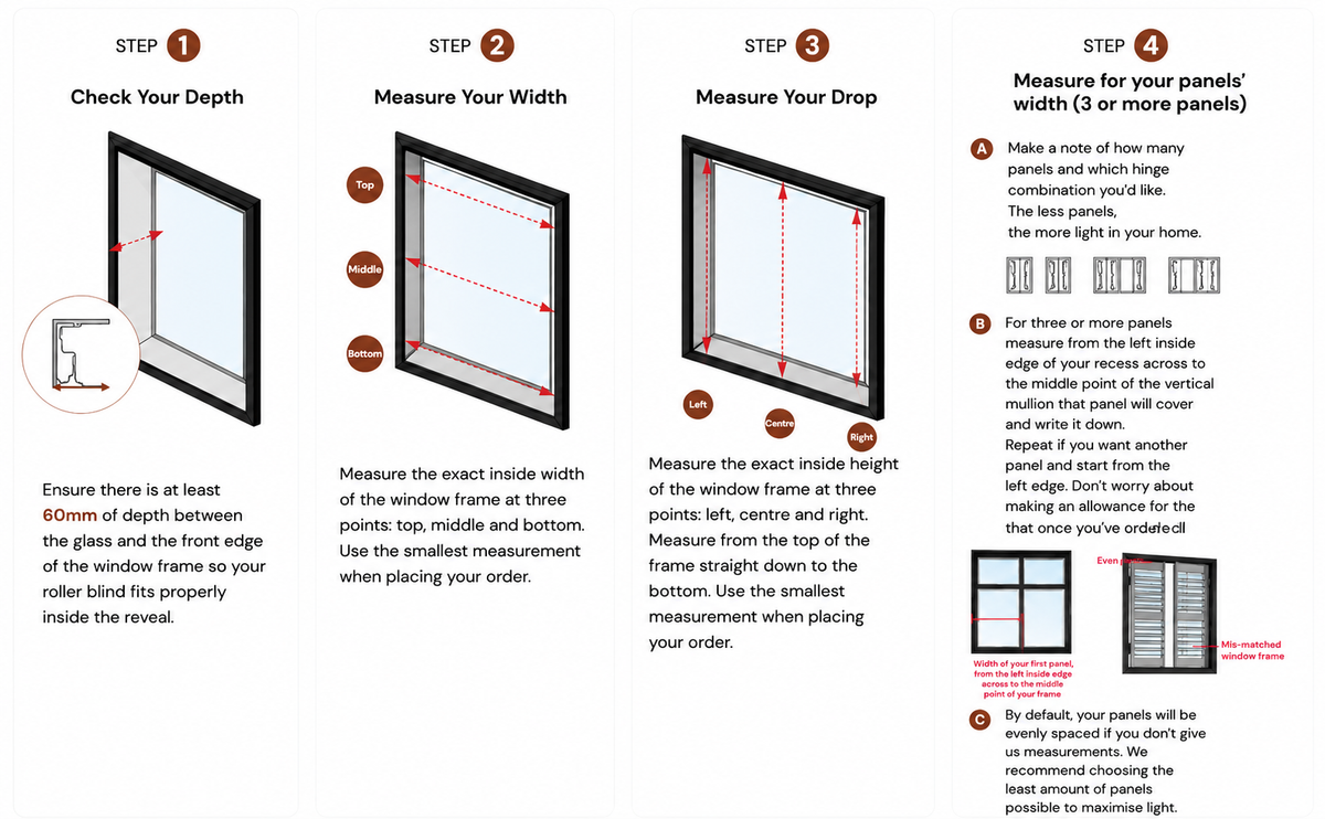 Your shutters fit discreetly into the window frame. Requires a minimum recess depth of 60mm.